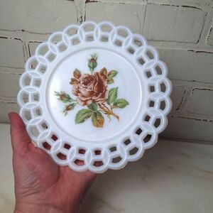 Vintage Lace Decorative Milk Glass Plate Pierced Edge Rose Home Decor Dish Rose
